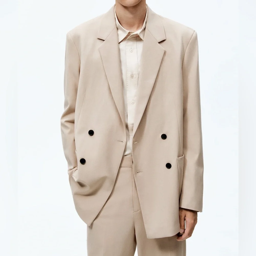 Zara Double Breasted Suit Blazer in Beige